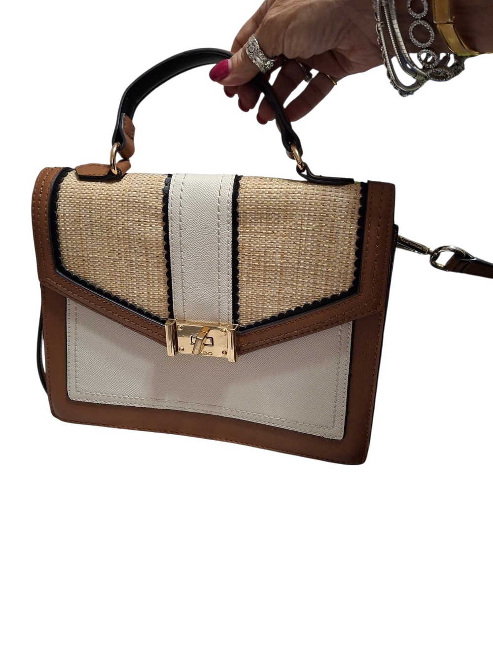 Aldo Structured Top-Handle Women’s Bag in White and Brown W/ Crossbody Strap